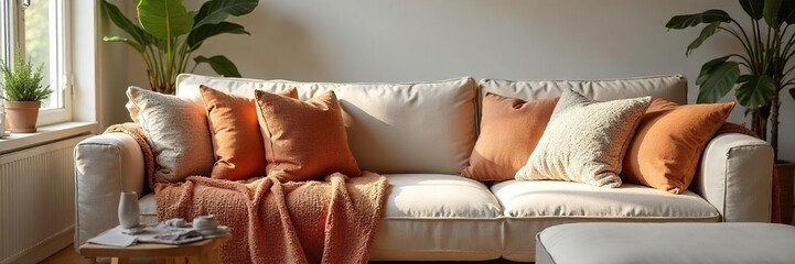 Cozy living room with plush throw pillows, textured blankets, and soft lighting creating a relaxed atmosphere Perfect for home decor, interior design, and lifestyle blogs , apartment decor, peaceful