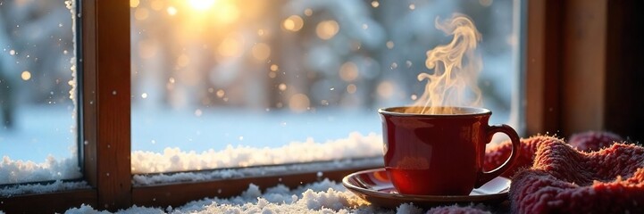 Cozy winter scene with a steaming mug near a snow-covered window, offering a warm and inviting atmosphere perfect for a chilly day Sunlight streams through the frost , snow, scene
