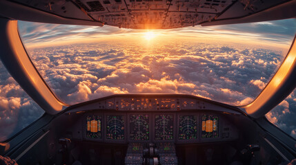  Cockpit View of an Airplane with a Sunset in the Background