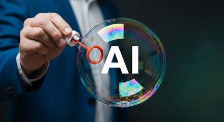 Person holding a bubble wand with a bubble that has the letters ai in the center of it