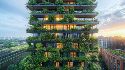 Obraz premium Lush greenery covers a modern high-rise building at sunset