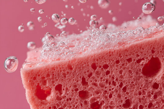 Pink sponge in soapy water with bubbles around. Cleaning and cleanliness concept.