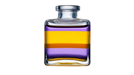 Clear glass square bottle with layered purple yellow and orange liquid isolated on transparent background