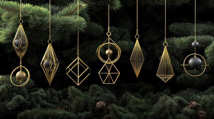 Ornate golden geometric Christmas ornaments hang on a pine tree branch, with pinecones and dark background