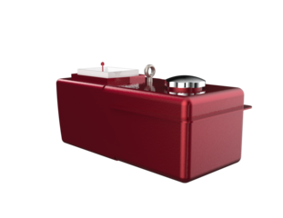 Red Diesel Engine Part: Isolated High-Res Automotive Component. Chrome Fuel Cap, White Fluid Reservoir, Red Dipstick. Vital for Fluid Level Checks, Engine Maintenance, and Vehicle Repair Applications.
