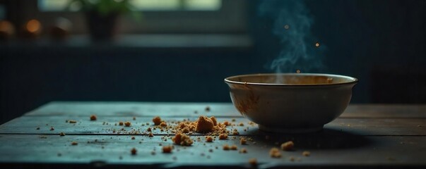 Empty bowl, crumbs on table, dim lighting evokes feelings of loneliness and lack of appetite  A visual representation of depression and hunger ,  brown,  yearning,  shadows