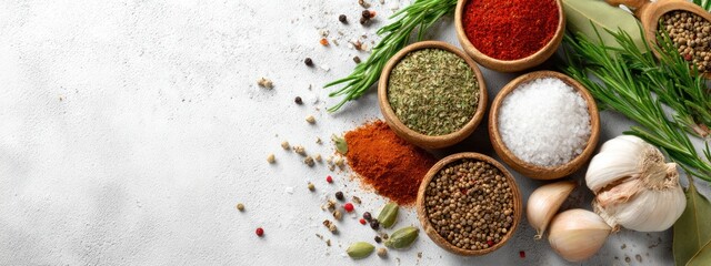 Overhead view of assorted spices in wooden bowls and seasonings arranged on a textured light gray surface
