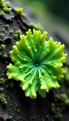 Close-up shot of vibrant green mold growing on a decaying surface, exhibiting intricate textures and patterns, a captivating example of organic art found in nature , mold, botanical
