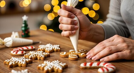 Decorating festive cookies with icing during winter season celebration at home