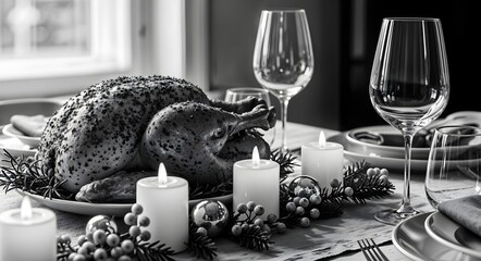 Thanksgiving celebration featuring a beautifully roasted turkey and elegant table setting with candles and glassware