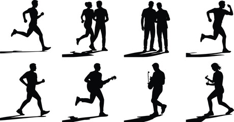 Silhouettes of people running, jogging, walking, playing guitar, holding microphones, exercising, 