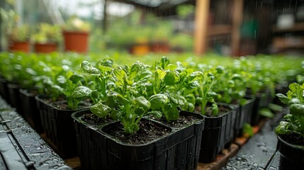Lush green seedlings in individual pots, thriving under a gentle rain in a greenhouse setting