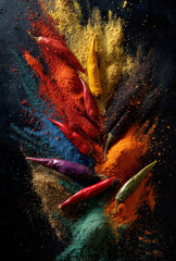 Naklejka premium a dynamic explosion of colorful spices, with chili peppers and black cumin powder suspended in the air against a dark background