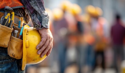 A construction worker holds their helmet while a group stands in the background, their equipment visible on their belt