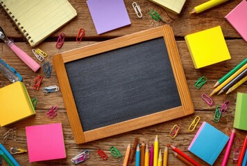 School supplies and chalkboard arranged on a wood surface, top-down view, with colorful sticky notes and writing tools scattered about