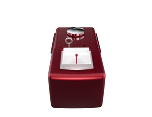 High-Res 3D Render: Dark Red Automotive Fluid Reservoir. Essential Industrial Tank for Heavy Machinery, featuring Liquid Level Indicator and Metallic Cap. Perfect Hydraulic Storage Engine Component on