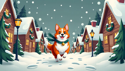 Happy corgi dog running through a snowy village with Christmas decorations in winter scenery