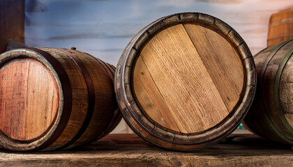 Stacked Wooden Barrels With Varying Wood Tones In A Rustic Aged Setting