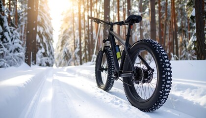 Winter bike trail in snowy woods