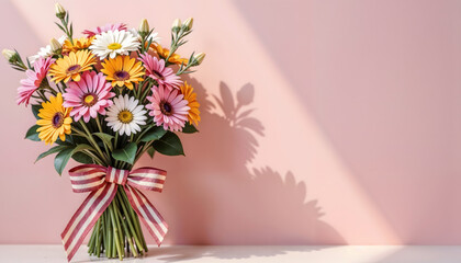 Obraz premium Colorful bouquet of daisies with a ribbon against a pastel pink background and soft shadows