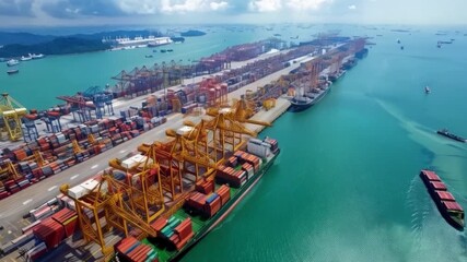 A large port with containers, cranes, and ships, seen from above. Used in articles about economics, logistics, trade news, or presentations about global freight transport.
