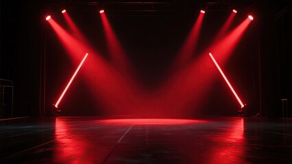 Vibrant red spotlights cast dramatic beams across an empty, reflective performance stage, setting an intense atmosphere for an upcoming show or event