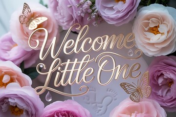 Joyful 'Welcome Little One' message surrounded by soft pink and lavender roses, evoking tender moments and new beginnings for baby showers and nursery decor