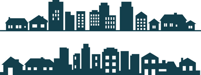 Urban and suburban cityscape silhouette, modern buildings and houses skyline, real estate development, residential and commercial architecture background illustration