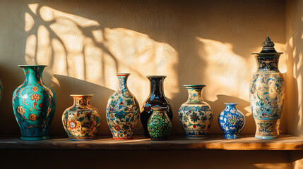 Collection of colorful, ornately painted vases on a wooden shelf.