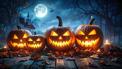 Halloween pumpkins at night in a spooky forest