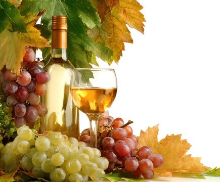 Wine bottle and glass surrounded by bunches of green and red grapes with autumnal leaves against a white backdrop