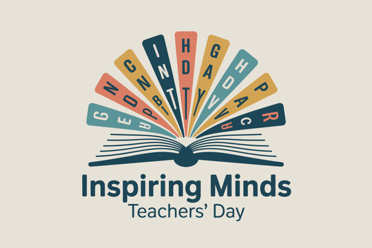 An open book with colorful lettered pages celebrating teachers day and inspiring minds concept design