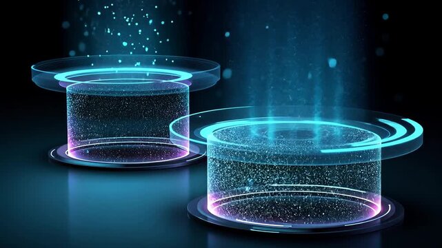 Futuristic glowing cylindrical platforms on a dark background emit vibrant blue and purple particles, symbolizing advanced technology, data, and abstract digital concepts.