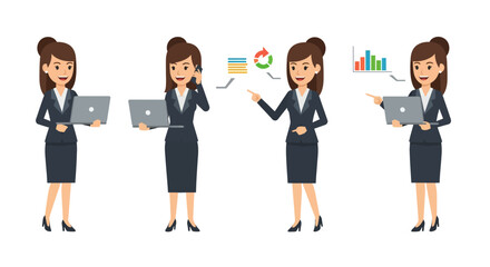 Obraz premium Four businesswomen in various poses, holding laptops and communicating, showcasing different business actions.