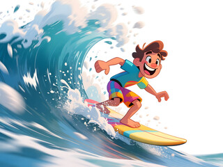 Surfing Cartoon Character Riding a Wave with Joyful Expression on a Bright Sunny Day