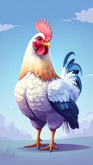 A vibrant rooster with a striking plumage stands proudly against a light blue sky, showcasing intricate details and a peaceful rural scene.