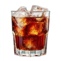 Refreshing beverage with ice, in a clear glass, dark liquid, studio shot, against a white background