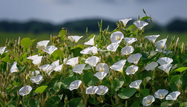 Field Bindweed Or Convolvulus Arvensis European Bindweed Creeping Jenny Possession Vine Herbaceous Perennial Plant With Open And Closed White Flowers Surrounded With Dense Green Leaves