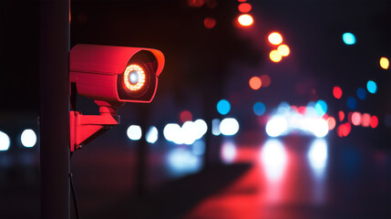 Red surveillance camera monitoring in dark urban night scene
