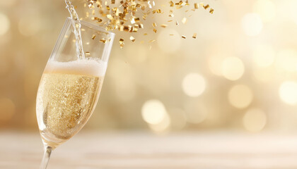 Champagne glass splash confetti gold celebration festive sparkling drink party with joyful and elegant mood perfect for holiday or special occasion backgrounds
