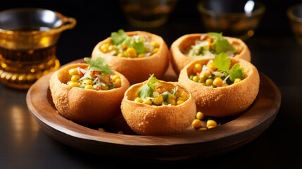 Traditional Indian pani puri snack served on wooden plate
