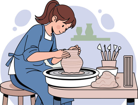 Young woman artisan shaping a clay pot on a pottery wheel. - Powered by Adobe