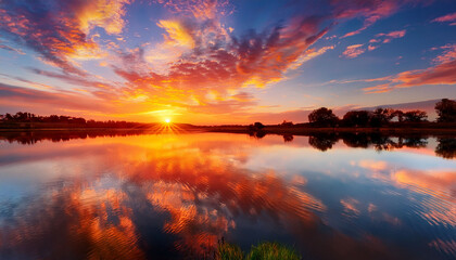 Vibrant Sunset Reflected On Calm Water Creating An Abstract Colorful Landscape