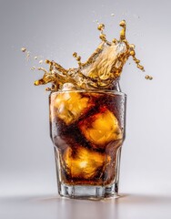 Refreshing, fizzy drink with ice cubes spills out of a clear glass against a neutral background
