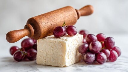 Cheese cube with rolling pin and grape clusters atop marble surface under natural light, studio shot