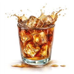 A refreshing glass of cola filled with ice, creating a dynamic splash against a bright, clean white backdrop