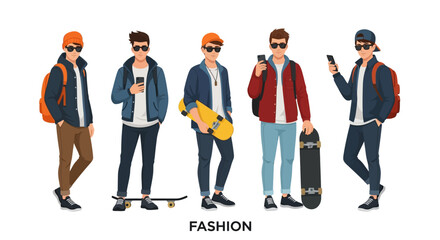 Obraz premium Five young men in trendy casual outfits are depicted standing with skateboards and phones, showcasing fashion styles.