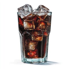 Tall glass filled with dark soda and clear ice cubes, set against a white background, casting a subtle shadow