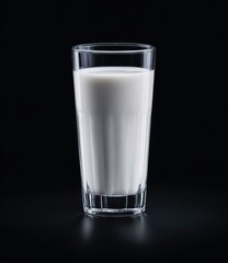 Tall glass filled with white liquid against a stark black background, casting a soft shadow below
