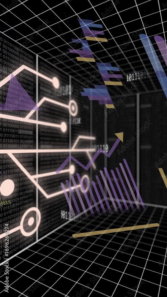 Aufkleber animation of financial data processing and circuit board over dark background